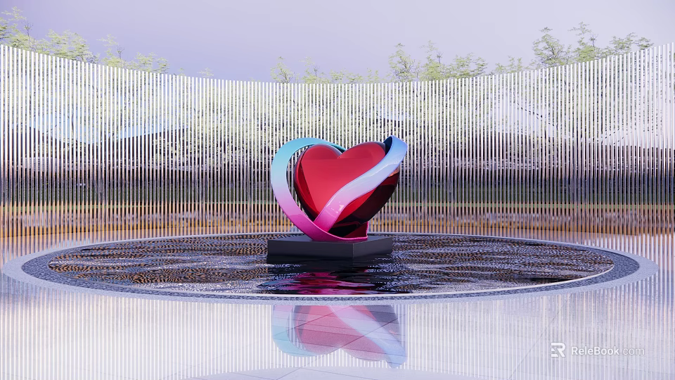 Heart Shaped Metal Sculpture With Red Pink Blue Curves In Water Pool And Metal Fence 3d model 