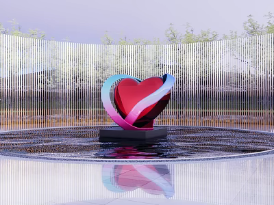 Heart Shaped Metal Sculpture With Red Pink Blue Curves In Water Pool And Metal Fence 3d model