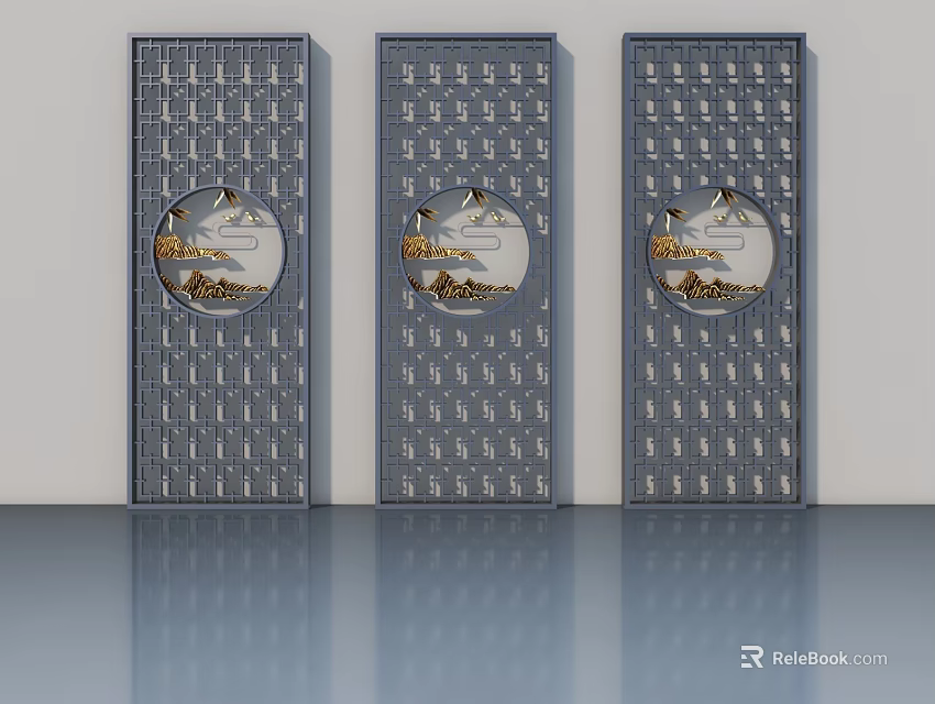 Gray Hinged Doors Featuring Grid Pattern And Circular Golden Landscape Design 3d model