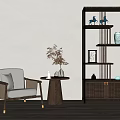 New Chinese Bookshelf Single Leisure Chair Coffee Table Combination 3d model