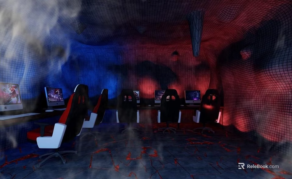 Gaming Internet Cafe With Cave Themed Interior Red Blue Lighting Ergonomic Chairs And Computers 3d model 