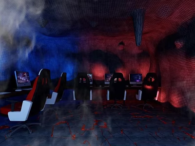 Gaming Internet Cafe With Cave Themed Interior Red Blue Lighting Ergonomic Chairs And Computers 3d model