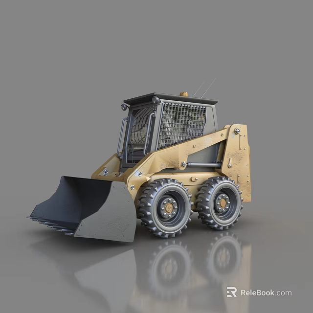 Yellow Skid Steer Loader With Front Bucket Large Tires And Protective Cage Cab 3d model 
