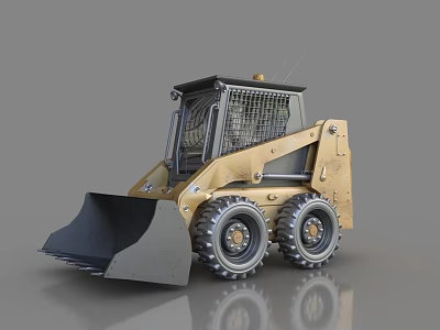 Yellow Skid Steer Loader With Front Bucket Large Tires And Protective Cage Cab 3d model