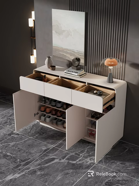Modern White Shoe Cabinet With Open Drawers Cabinets And Storage For Shoes 3d model 