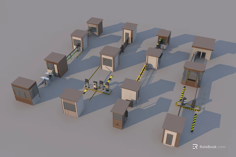 Various Security Guard Booths With Entry Barrier Systems And Access Control 3d model