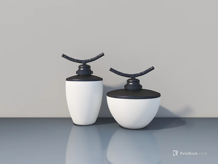 Modern White Toilets with Black Lids on Gray Countertop and Light Gray Wall 3d model 