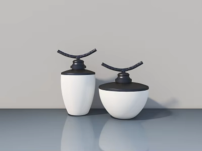 Modern White Toilets with Black Lids on Gray Countertop and Light Gray Wall 3d model