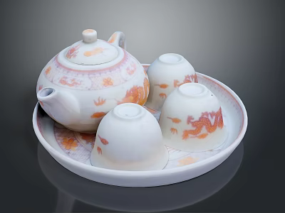 White Ceramic Tea Set With Teapot Cups And Tray Orange Fish Pattern 3d model