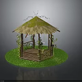 Wooden Garden Gazebo with Thatched Roof Green Moss and Vines on Grass