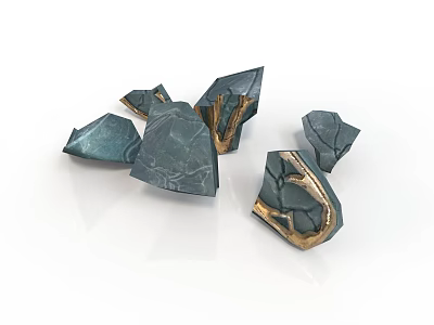 Textured Natural Wood And Stone Decorative Pieces Featuring Irregular Shapes And Golden Details 3d model