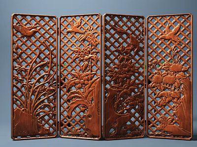 Traditional Wooden Carved Screen With Intricate Bird Flower Lattice Patterns 3d model