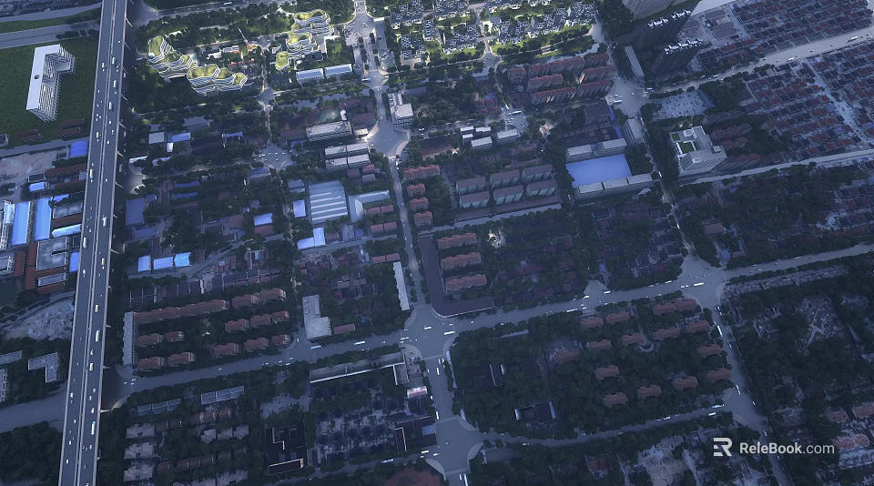 Detailed Aerial Planning of Urban Community with Road Network Building Layout and Green Areas 3d model 