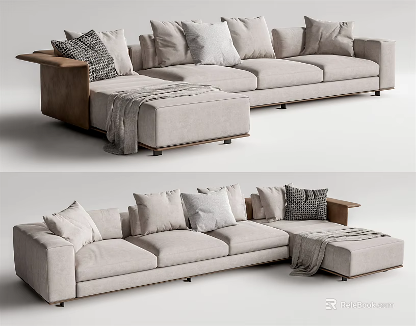 Light Gray Sectional Sofa With Multiple Cushions Wooden Armrests And Throw Blanket 3d model