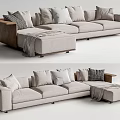 Light Gray Sectional Sofa With Multiple Cushions Wooden Armrests And Throw Blanket 3d model