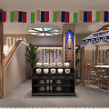Mongolian Restaurant With Yurt Style Design Colorful Prayer Flags Wooden Decor Green Plants Blue Chairs