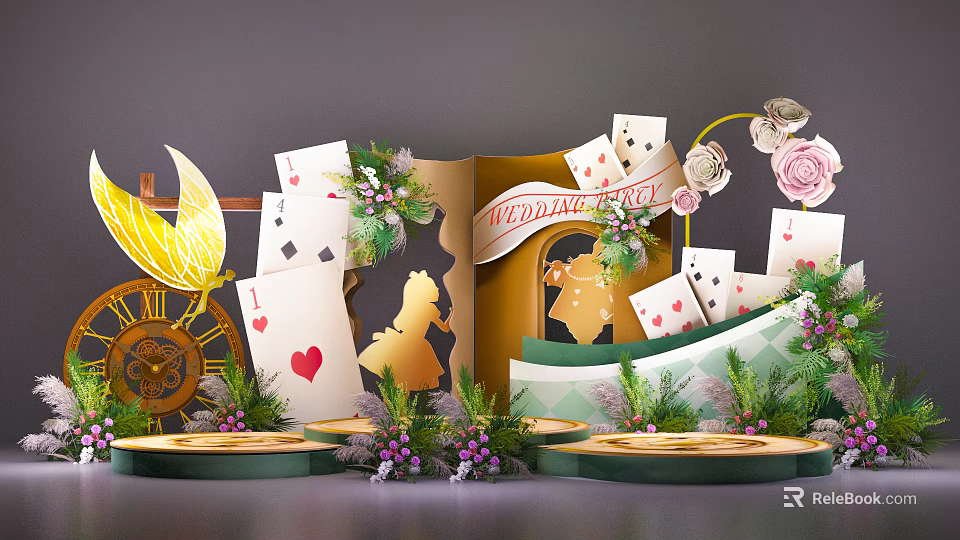 Whimsical Welcome Decoration With Playing Cards Golden Silhouettes Green Plants And Flowers 3d model 