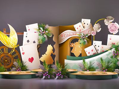Whimsical Welcome Decoration With Playing Cards Golden Silhouettes Green Plants And Flowers 3d model