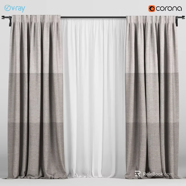 Double Layer Gray Beige Striped Curtains With White Sheer For Modern Home Window Decor 3d model 