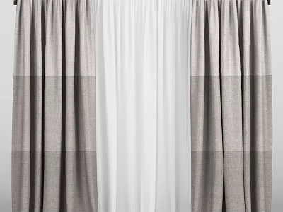 Double Layer Gray Beige Striped Curtains With White Sheer For Modern Home Window Decor 3d model
