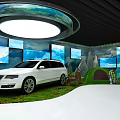Modern Car Showroom With White Cars Mountain Mural Grassland And Flowers