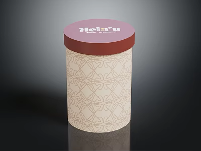 Cylindrical Box With Red Lid White Jelelati Text And Off White Beige Geometric Patterns 3d model