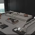 Modern Beige Sofa Coffee Table Set In Living Room With Decorative Pillows And Ottoman