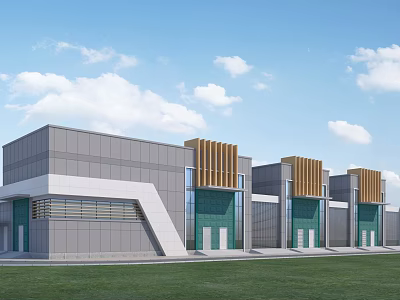 Modern Industrial Factory Building Exterior Design With Gray Metal Walls Glass Doors And Top Strips 3d model
