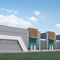 Modern Industrial Factory Building Exterior Design With Gray Metal Walls Glass Doors And Top Strips