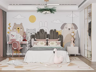 Kids Room Interior Design With Cartoon Animal Wall Decor Bed Desk Chair And Flamingo Rug 3d model