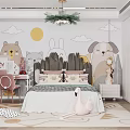 Kids Room Interior Design With Cartoon Animal Wall Decor Bed Desk Chair And Flamingo Rug