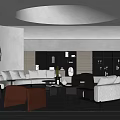 Modern Living Room Interior With White Sofa Round Coffee Table Accent Chairs And Wall Shelves