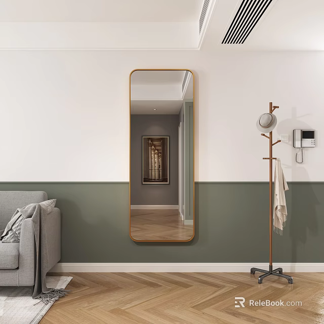 Full Length Mirror with Wooden Frame in Living Room Green White Walls Grey Sofa 3d model 