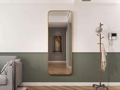 Full Length Mirror with Wooden Frame in Living Room Green White Walls Grey Sofa 3d model