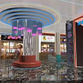 Modern Elegant Restaurant Interior With Round Chandelier Red Pillar Glass Display Windows And Neon Signs