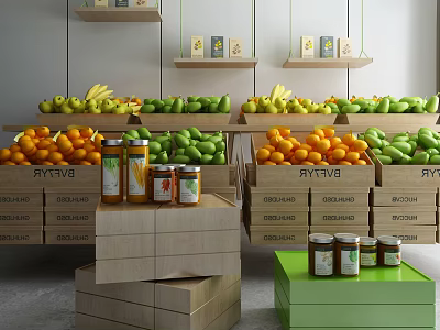 Fresh Fruits Displayed In Wooden Crates With Jars On Shelves Various Varieties Bananas Oranges Avocados 3d model