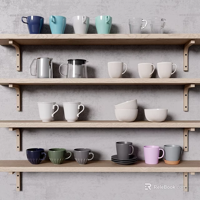 Assorted Colorful Mugs With Ceramic And Metallic Finishes On Wooden Shelves 3d model 