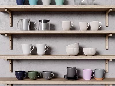 Assorted Colorful Mugs With Ceramic And Metallic Finishes On Wooden Shelves 3d model
