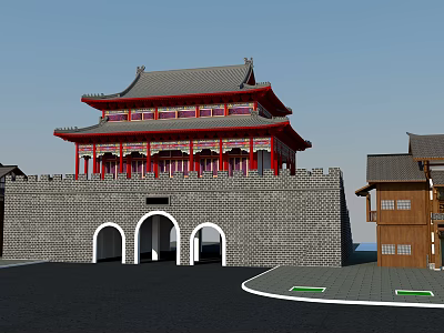 Ancient Architecture City Gate Tower With Red Wooden Structure Gray Brick Wall And Arched Gateways 3d model