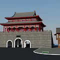 Ancient Architecture City Gate Tower With Red Wooden Structure Gray Brick Wall And Arched Gateways