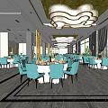 Elegant Banquet Hall Interior Featuring White Tablecloths Blue Chairs Modern Chandeliers And Decorative Paintings