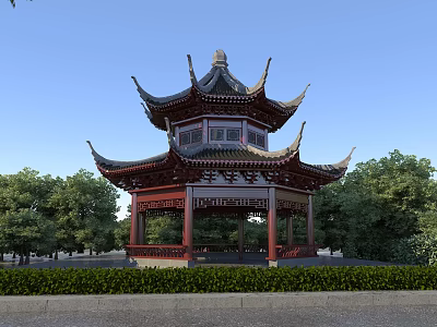 Traditional Chinese Pavilion With Multi Tiered Roof Surrounded By Green Trees And Blue Sky 3d model