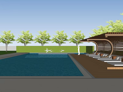Outdoor Pergola in Backyard With Swimming Pool Wooden Deck Loungers And Trees 3d model