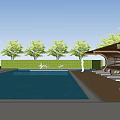 Outdoor Pergola in Backyard With Swimming Pool Wooden Deck Loungers And Trees