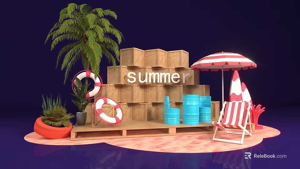 Summer Scene With Palm Tree Lifebuoy Striped Umbrella Deck Chair Wooden Crates And Blue Barrels 3d model 
