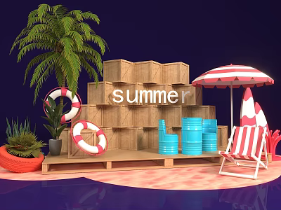 Summer Scene With Palm Tree Lifebuoy Striped Umbrella Deck Chair Wooden Crates And Blue Barrels 3d model