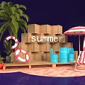Summer Scene With Palm Tree Lifebuoy Striped Umbrella Deck Chair Wooden Crates And Blue Barrels