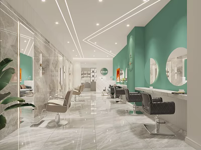 Elegant Modern Beauty Hair Salon Interior Design With Marble Floor And Round Mirrored Styling Stations 3d model