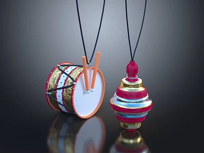 Shiny Colorful Layered Drum And Spherical Pendants With Red Gold Blue Metallic Accents 3d model