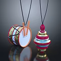 Shiny Colorful Layered Drum And Spherical Pendants With Red Gold Blue Metallic Accents